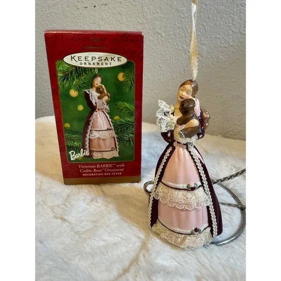 Hallmark Keepsake 2001 Victorian Barbie with Cedric Bear Porcelain Ornament Box - Picture 1 of 7